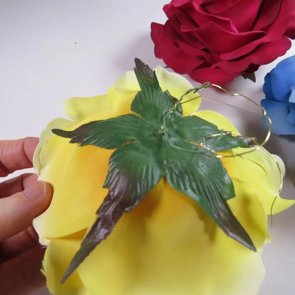 Red, Blue, Yellow Roses with soft fabric petals (great for hats or fairy proj.)